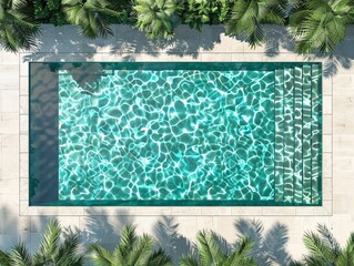 Luxury 3D rectangular pool, clear turquoise water, top view, sunlight reflections.