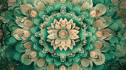 Floral mandala blossoms in ornamental detail, emerald and peony pink vintage flair.