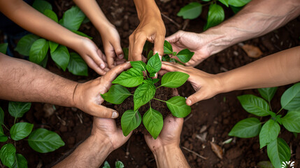 : Hands of all ages plant a tree together. Symbolic gesture for a greener future. Celebrate Earth Day