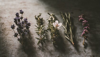 A variety of herbs like rosemary, thyme, and lavender, with a focus on their delicate flowers and textured leaves, set against an earthy background that suggests culinary use. - obrazy, fototapety, plakaty
