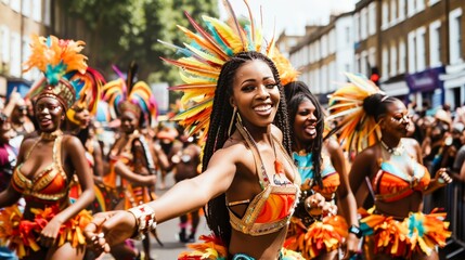 The vibrant parade of Notting Hill Carnival in London, with dancers and musicians celebrating...