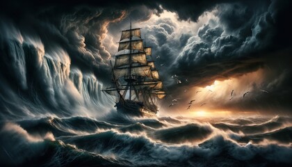 ancient tall ship is caught in the heart of a ferocious tempest. Towering waves surge around the vessel, while ominous clouds roil in the sky. - obrazy, fototapety, plakaty