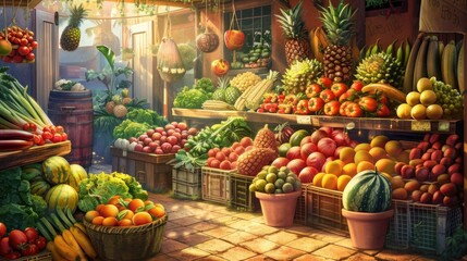 Fototapeta na wymiar Exotic market with various fruits and vegetables. AI generative.
