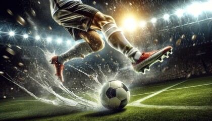 soccer field as a player's cleat powerfully strikes a soccer ball, causing a dynamic spray of water and turf. - obrazy, fototapety, plakaty
