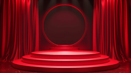 Stage podium background red light spotlight curtain theater show platform. Stage 3D background...
