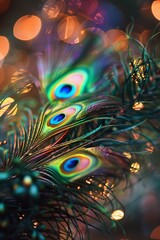 Peacock feathers, iridescent, vibrant, shimmering in moonlight, creating a mesmerizing display of colors.