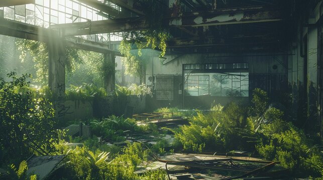 Overgrown biotech facility, where nature reclaims molecular models, dystopian rebirth at dawn.