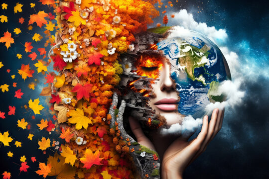 Human face blending with Earth globe, embodying seasonal changes. Digital art collage with nature and space elements. Environmental awareness and climate change concept. Suitable for educational mater
