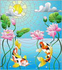 Illustration in stained glass style with koi fish and Lotus flowers on a background of the solar sky and water