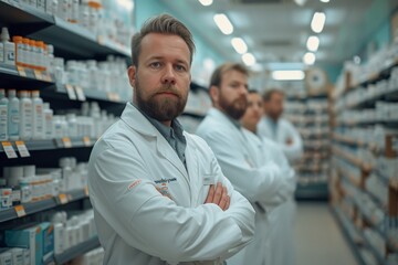 Fototapeta premium Group of male pharmacists in white lab coats standing in front of shelves in a pharmacy
