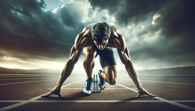 athletic sprinter poised at the starting line of a race track, muscles tensed, focused on the road ahead, with a dramatic, cloudy sky
