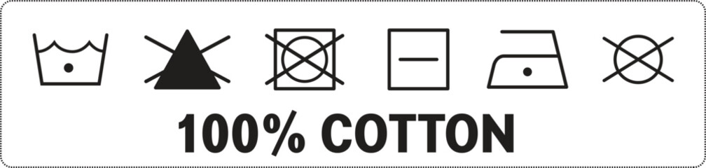 Washing symbols set on clothing label or Vector illustration of fabric composition 100% cotton with care symbols.