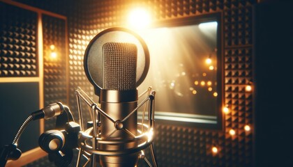 high-quality studio microphone set up for a recording session, bathed in the warm, golden light of a studio lamp. - obrazy, fototapety, plakaty