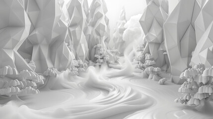 Misty 3D render, ghostly grays weaving through a silent forest of shapes.