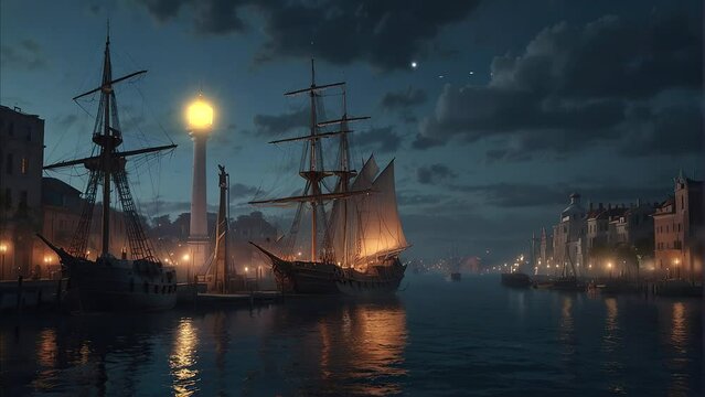 Enjoy the serene ambiance of a harbor at night, surrounded by ancient sailing ships in this mesmerizing 4K video loop