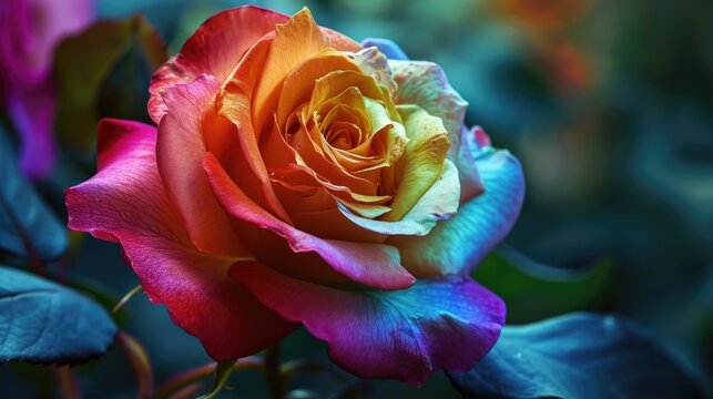 Multicolored rose close-up. AI generative.
