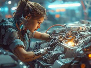 A female mechanic works on a futuristic car engine - obrazy, fototapety, plakaty