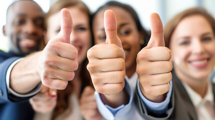 Team of professionals or coworkers giving thumbs up, symbolizing collaboration and success in a modern office environment. This image is perfect for corporate presentations, business websites