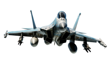 The Maverick Soaring: Fighter Jet Piercing White Skies. On White or PNG Transparent Background.