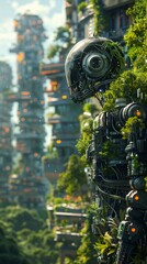 Robot, futuristic city, exploring technology and nature, creating harmony between metal and greenery Realistic. - obrazy, fototapety, plakaty