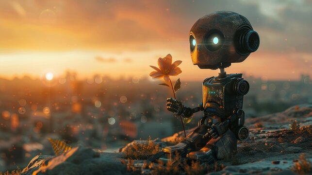 Robot, holding a fading flower, gazing at a polluted horizon, representing the clash between nature and industrial progress 3D Render, Backlights, Chromatic Aberration