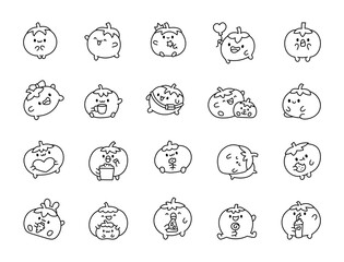Funny smiling tomato character. Coloring Page. Cute vegetable with face. Hand drawn style. Vector drawing. Collection of design elements.