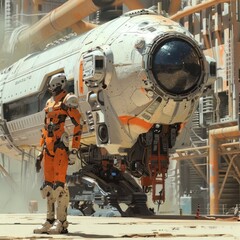 A lone astronaut in an orange spacesuit stands next to a futuristic spaceship.