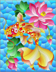 Illustration in stained glass style with a koi carp  on a background of pink lotuses and water