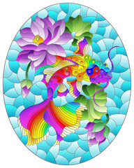 Illustration in stained glass style with a koi carp  on a background of pink lotuses and water