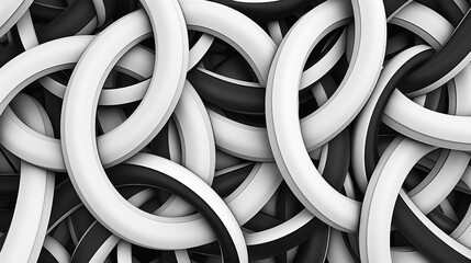 Black and white lines weave to form seamless interlocking circles and ovals.