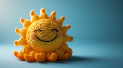 A 3D cute sticker of a happy sun, presented on a solid blue background, highlighting its cheerful...