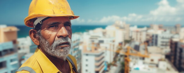Senior man immigrant finds new job on construction site in new country. Resilience of immigrants seeking to make meaningful impact in new home.