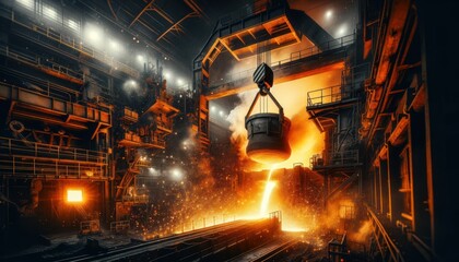 industrial foundry scene, featuring a large crane-operated ladle pouring glowing molten metal into a mold. Sparks and molten splashes