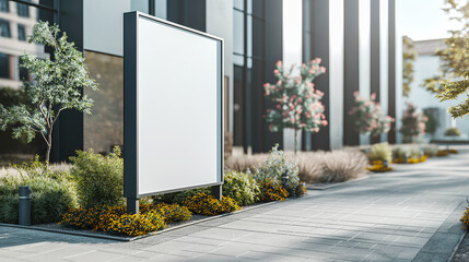Blank advertising billboard in urban setting surrounded by greenery and modern architecture. Ready for promotional content