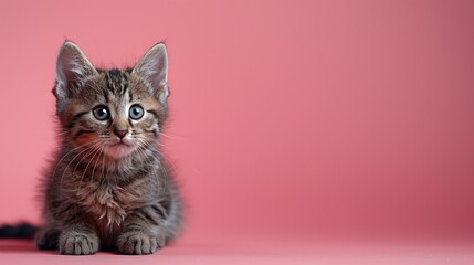A 3D cute sticker of a playful kitten, depicted on a solid pink background, showcasing its lively...