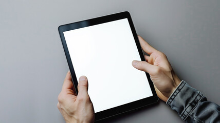 Hands holding tablet with blank screen providing mockup on grey background. Interactive technology and design space