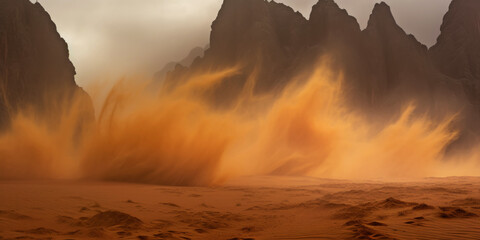 Sandstorm in desert. wind and orange sand clouds. Dunes landscape. Generative AI