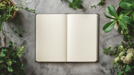 Open blank note book surrounded by lush green houseplants on textured grey surface. Space for creativity and inspiration