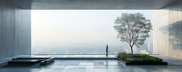 Lone figure standing in minimalist architectural space overlooking cityscape. Serenity and contemplation in modern design