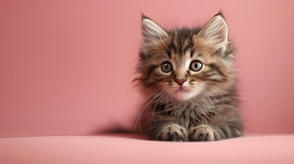 A 3D cute sticker of a playful kitten, depicted on a solid pink background, showcasing its lively...