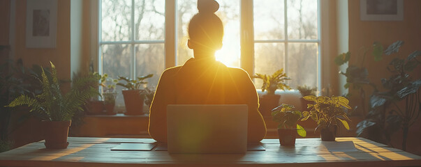 Person working on laptop at home with sunlight streaming through window, surrounded by houseplants. Warm, cozy remote work setting