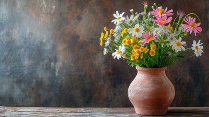 Fototapeta na wymiar Flowers from the field in a clay vase. Spring motif. AI generative.