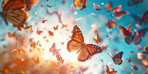 Fotobehang A hoard of ponder butterflies rocketing toward the sky in a lovely cluttered setting enlivened by the lovely sun blue sky setting and space, Generative AI. © Electric Wolf