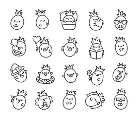 Cute kawaii pineapple fruit. Coloring Page. Adorable cartoon food character. Hand drawn style. Vector drawing. Collection of design elements.