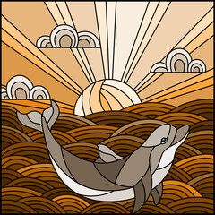 An illustration in stained glass style dolphin into the waves, Sunny sky and clouds, square image, tone brown