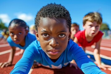 Young Athletes Poised at the Starting Line of a Track Race, Anticipation and Determination in Their Eyes