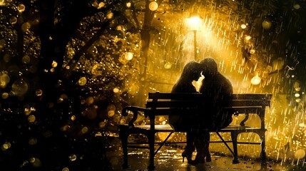 Young love blossoming on a rain-soaked bench, enveloped in the golden glow of a nearby lamp, their whispers mingling with the rain.
