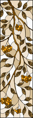 An illustration in stained glass style with a branch of mountain ash, clusters of berries and leaves against the sky,vertical image