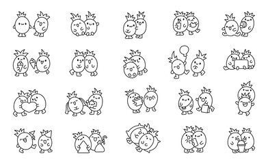 Cute kawaii pineapples with funny faces. Coloring Page. Adorable cartoon fruits. Hand drawn style. Vector drawing. Collection of design elements.