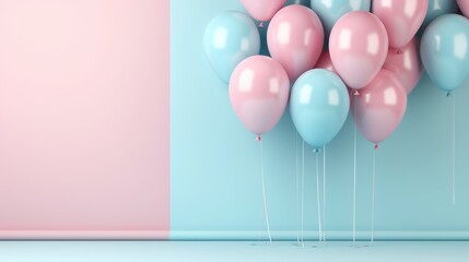 Baby party, celebration festive banner greeting card - Pastel pink and blue balloons, isolated on blue wall background